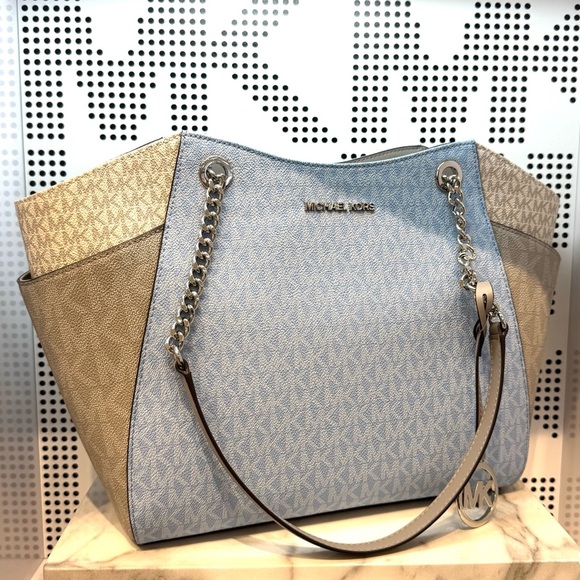 Michael Kors Jet Set LG Color-Block Signature Logo Shoulder Bag Light Sky Multi - Picture 4 of 11